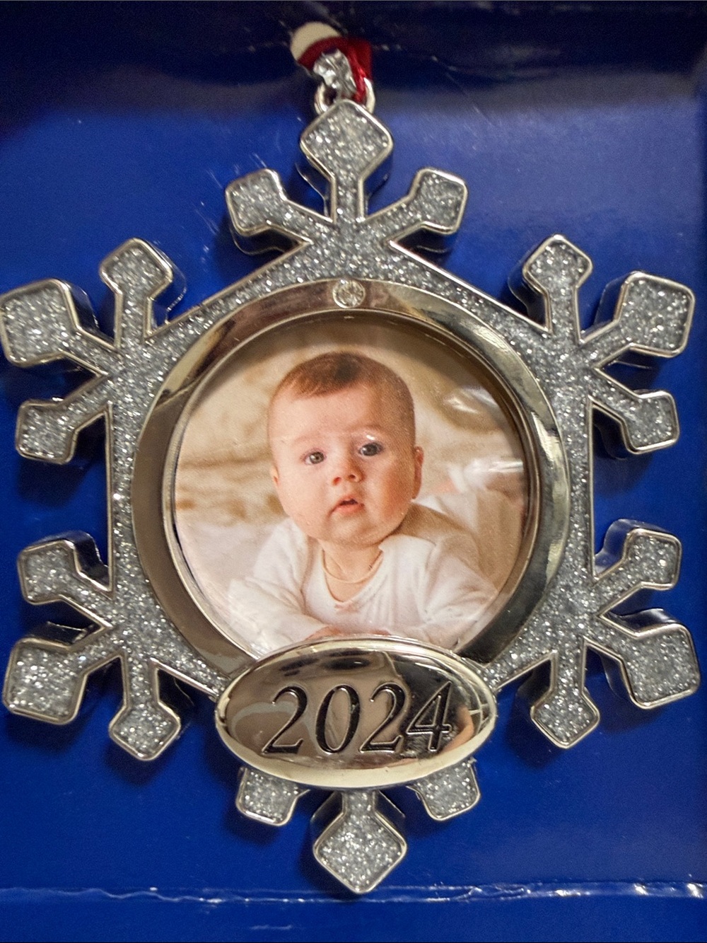 European Crystal Baby First Christmas 2024 Snowflake Photo Ornament - Silver